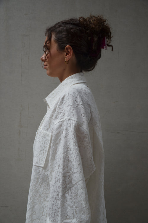 Person wearing a white lace shirt against a plain background